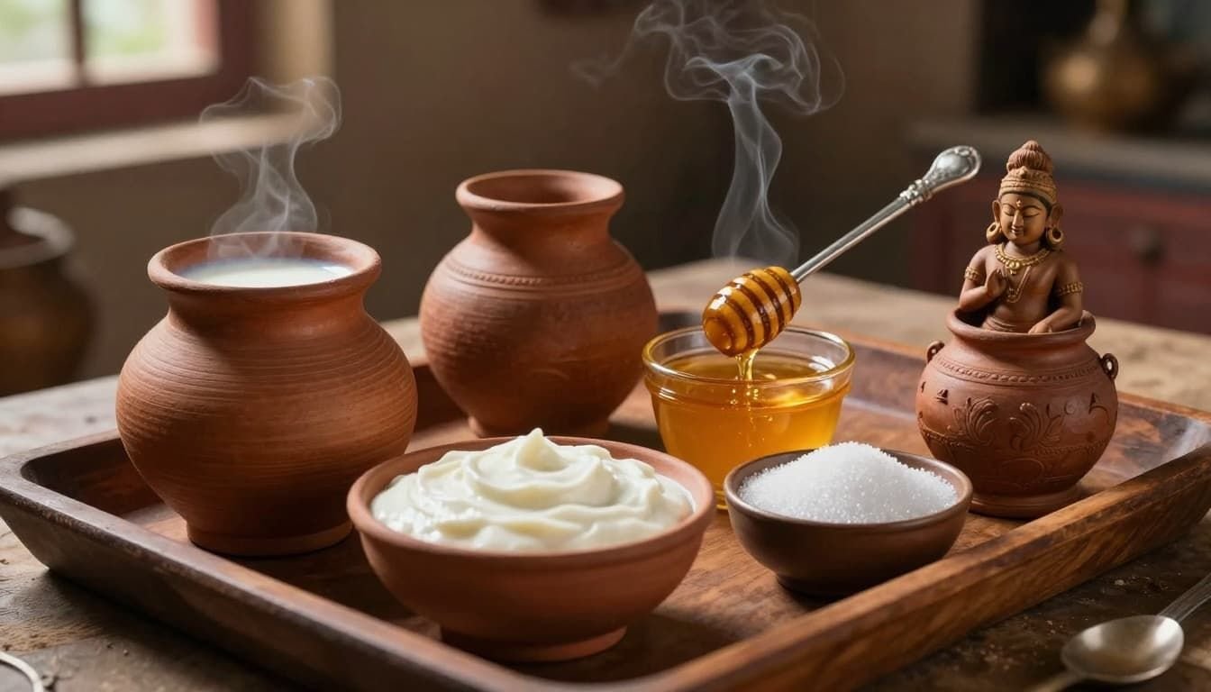 Landscape in ancient Chola art style featuring five key Panchamrit ingredients—milk, curd, ghee, honey, and sugar—arranged on a wooden tray in a rustic kitchen altar with incense smoke and soft light.