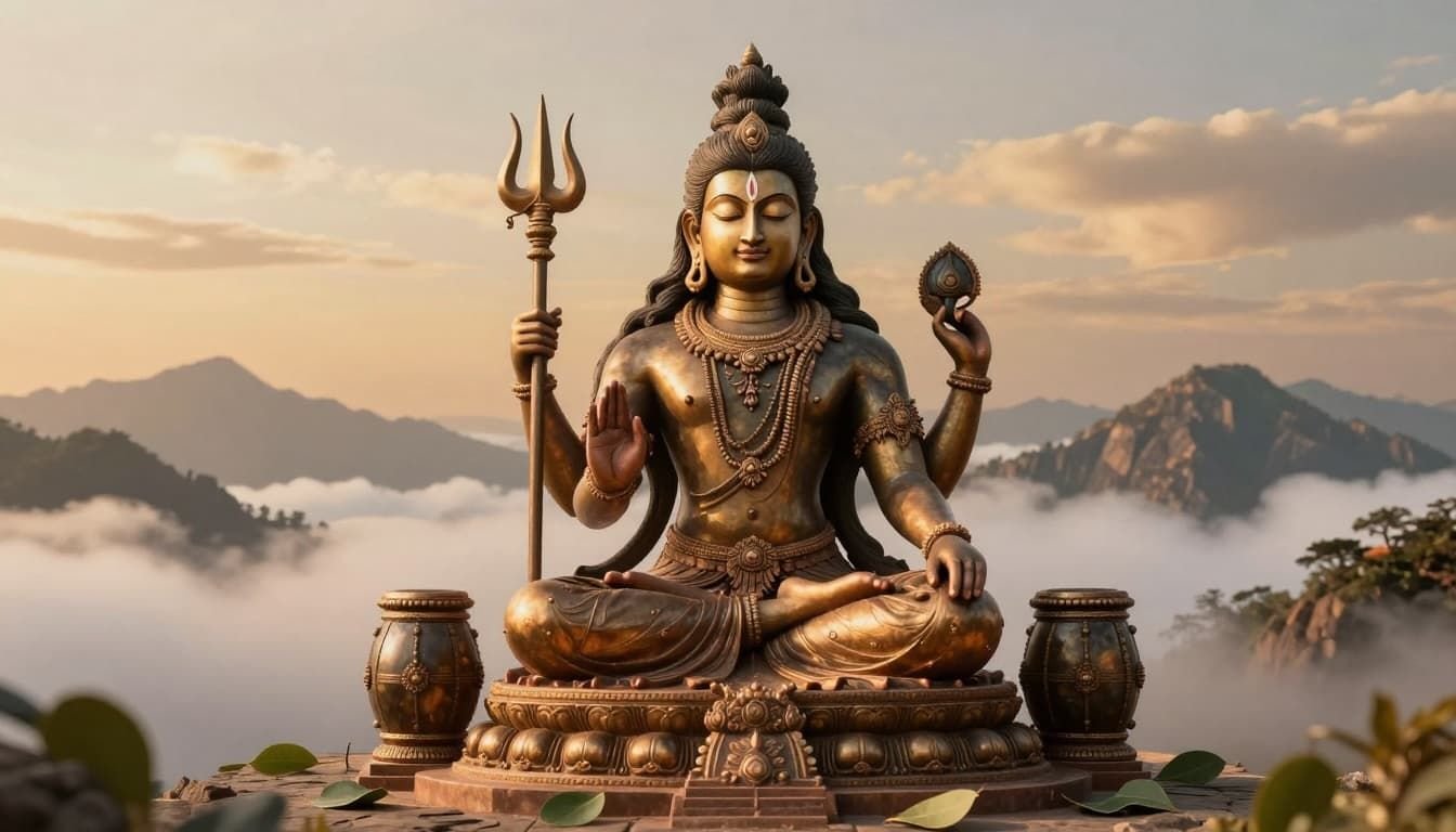 Landscape image in ancient Chola art style depicting Lord Shiva seated in padmasana pose on Mount Kailash, surrounded by Himalayas, clouds, and bilva leaves, with intricate bronze-like engravings and golden hour lighting.