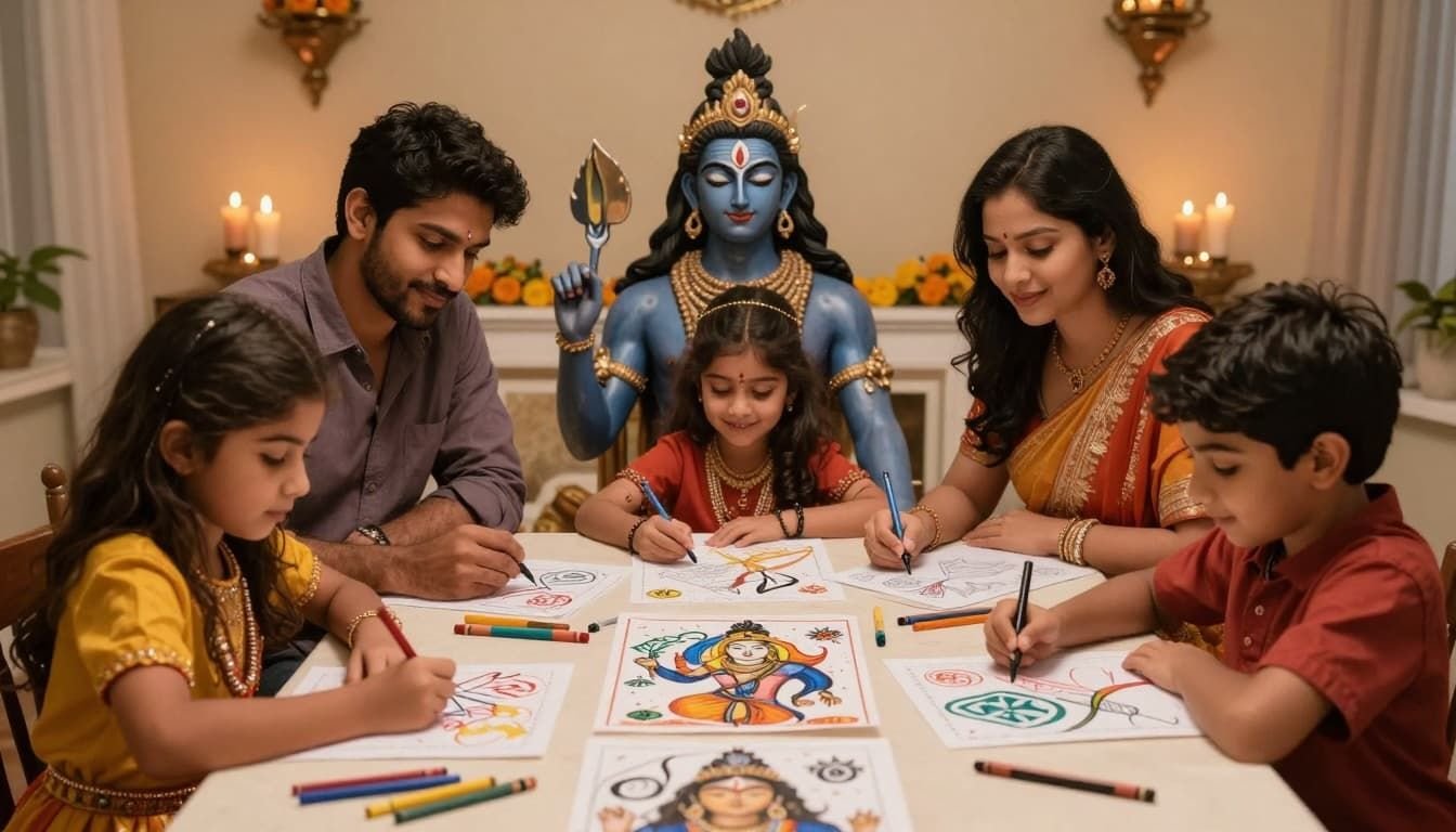 Ancient Hindu art style portrait of a diverse family sitting around a table coloring Mahashivratri printables of Shiva symbols, with crayons scattered and joyful expressions in a warm home interior.