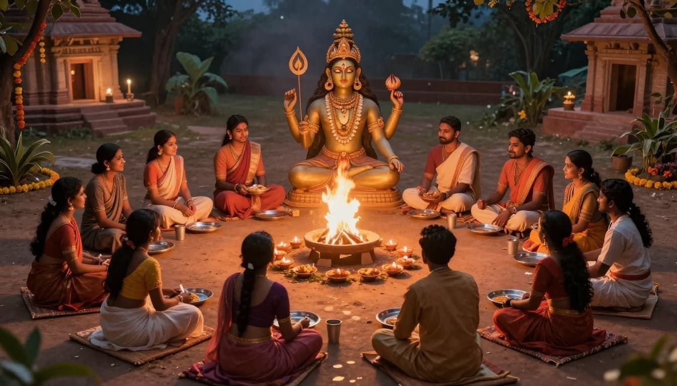 Landscape artwork in ancient Hindu style depicting a serene community eco-friendly Mahashivratri gathering, with people in simple attire sitting around a central fire or diyas, using steel plates and reusable cups, set against a temple background with minimal natural decor.