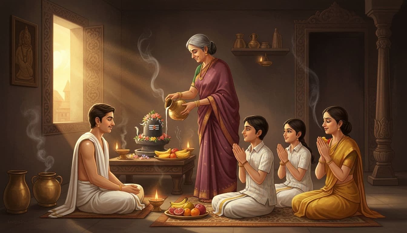Illustration of a family offering milk and fruits to Shiva lingam on a home altar before gently breaking their Shivratri fast with water and light fruits, in warm sunrise light within a traditional Indian household.