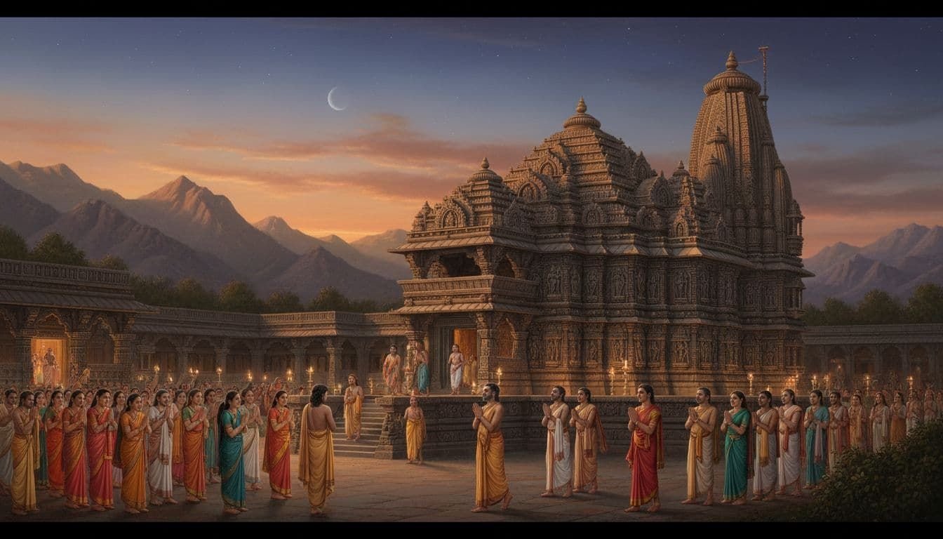 Ancient Hindu painting depicts Lord Shiva's Grishneshwar Jyotirlinga temple at dusk, with devotees in traditional attire gathering for worship amid glowing lamps and intricate stone carvings against a serene mountain backdrop.