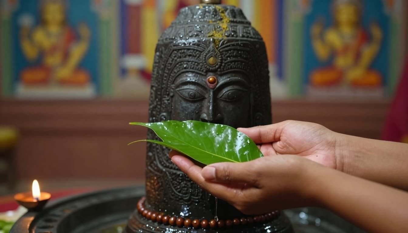 Close-up of devotee's hands delicately placing three-pronged bilva leaves on a stone shivalinga during Mahashivratri, with drops of water or milk, rudraksha beads, subtle bhasma ash, and warm lamp light highlighting textures in a blurred temple interior.