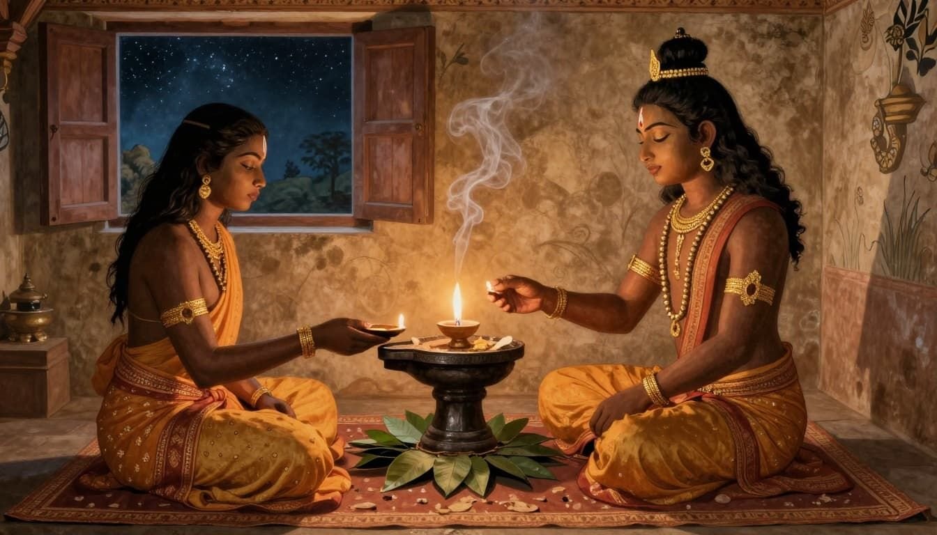 Ancient Hindu fresco-style landscape of a cross-legged devotee at a home altar, igniting a small oil lamp before a Shiva lingam adorned with bilva leaves, incense smoke curling upwards, warm light on a devoted face, starry night through window.