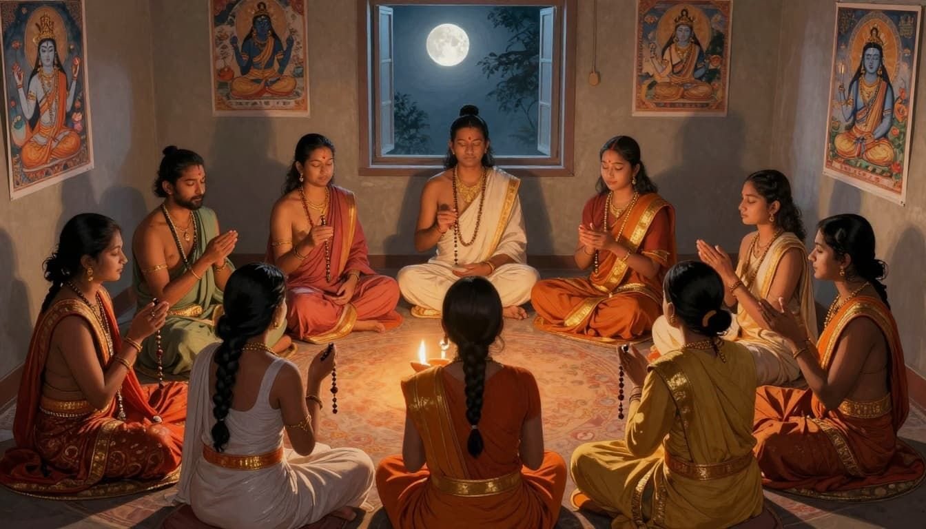 A group of devotees in traditional attire sitting in a circle during night jagran, softly chanting mantras with closed eyes, holding malas, in ancient Hindu miniature painting style.