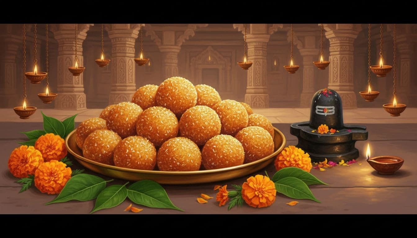 Ancient Hindu art style landscape painting of a brass thali overflowing with perfectly round golden nariyal ladoos, surrounded by bel patra leaves, marigold flowers, and a Shiva lingam with flickering oil lamp, set in a serene temple mandap.