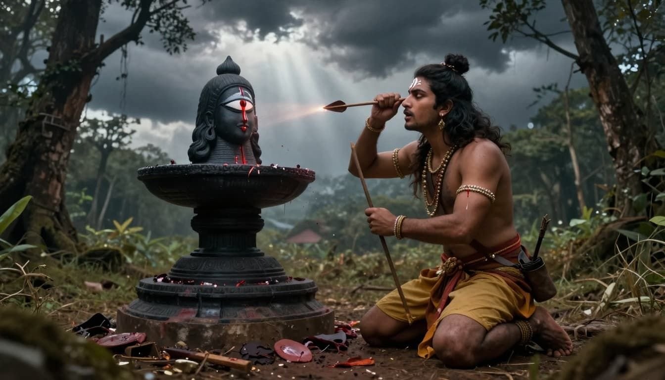 Ancient Hindu art style landscape of a devoted hunter in a stormy forest clearing, kneeling before a bleeding Shiva lingam and plucking his own eye with an arrow, divine light illuminating the intense scene of sacrifice.