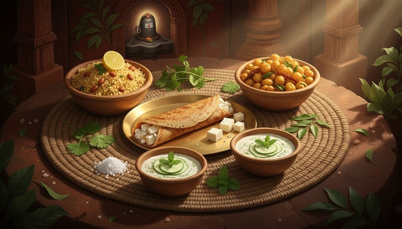 A beautifully arranged platter of sugar-free vrat recipes like buckwheat chilla stuffed with paneer, barnyard millet upma garnished with peanuts and lemon, roasted makhana mix, and cucumber raita in clay bowls on a woven mat with fresh herbs and rock salt. Rendered in 16:9 landscape artwork mimicking ancient Indian temple murals with rich earthy tones, gold accents, warm afternoon sunlight, detailed food textures, and subtle Shiva lingam in the devotional background.