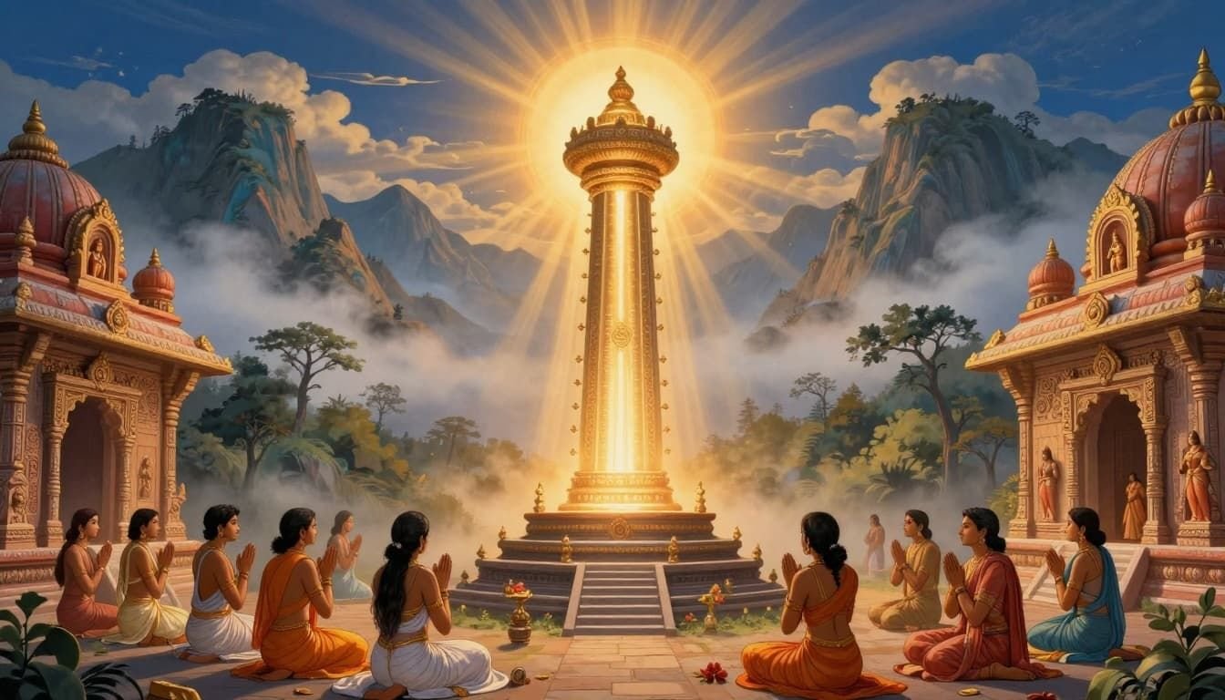 Landscape in ancient Hindu art style showing a towering pillar of infinite light as Jyotirlinga emerging from the ground in a temple at dawn, with misty mountains, praying devotees, golden rays, and intricate carvings.