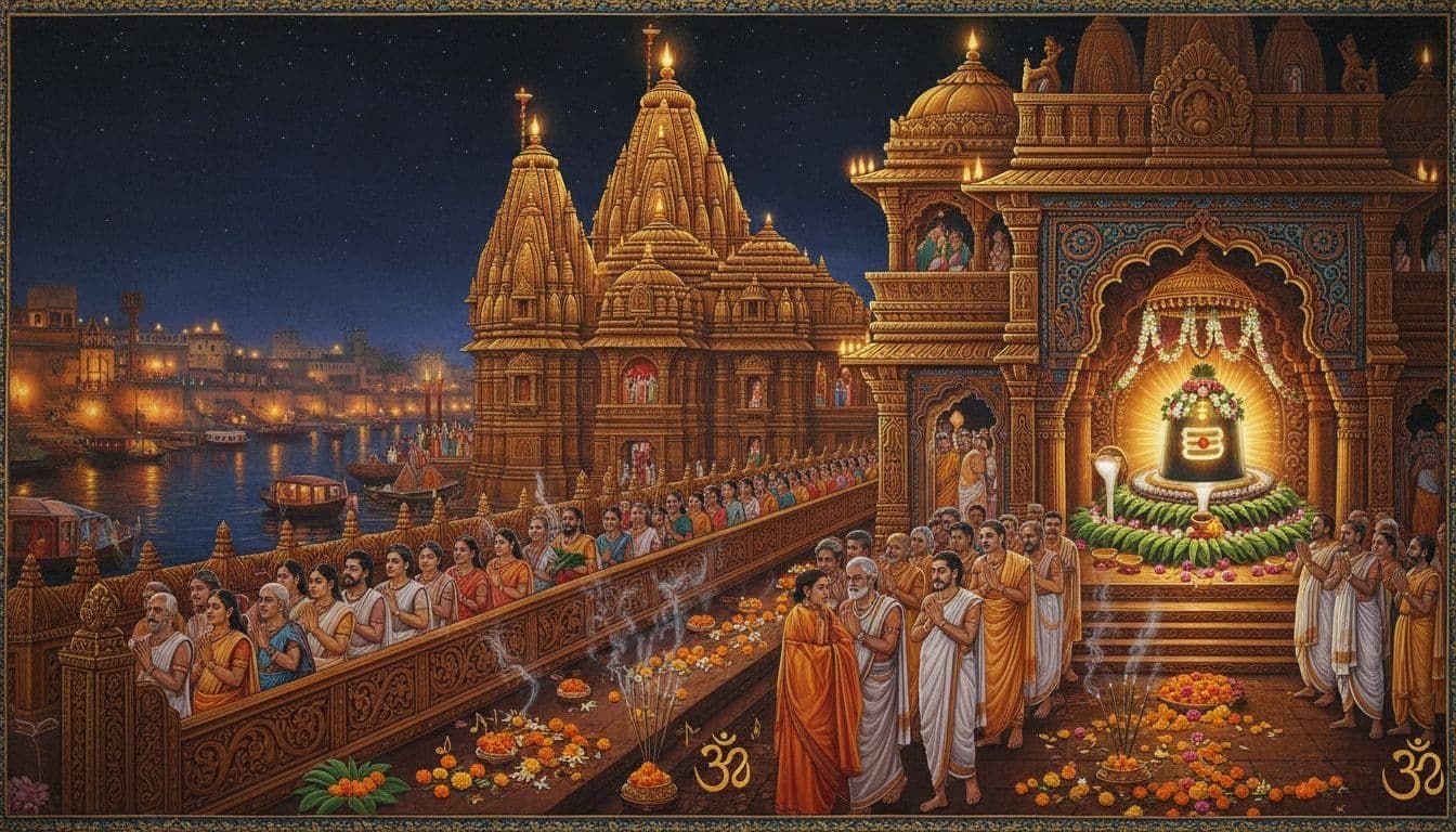 Ancient Hindu fresco art depicting Kashi Vishwanath temple at night during Mahashivratri, with golden lights, queuing devotees, glowing Jyotirlingam Shiva lingam, and Varanasi ghats under starry sky.