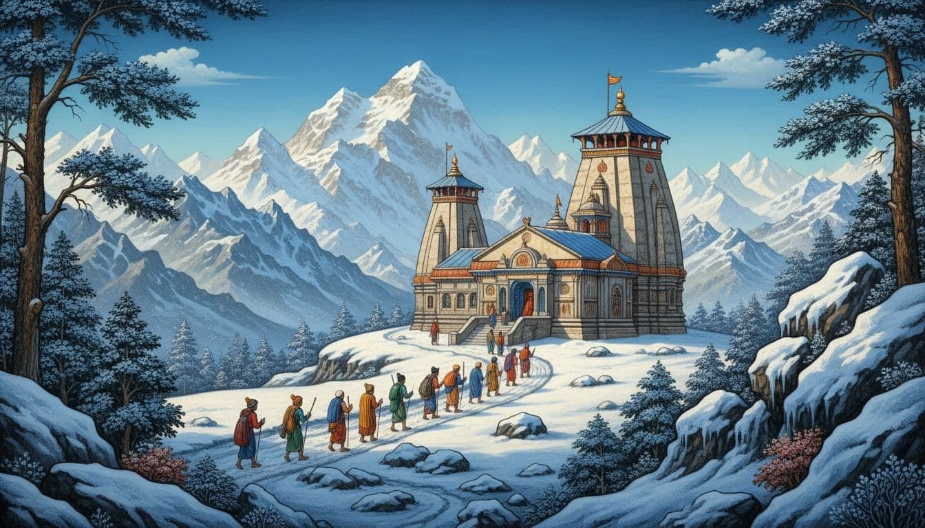 Snowy Kedarnath temple approach in winter