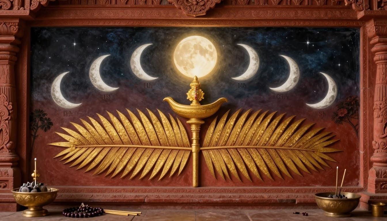 Ancient Hindu art illustrating waning moon phases of Krishna Paksha on a palm leaf manuscript, with Chaturdashi highlighted by a glowing Shiva lingam in a temple setting.