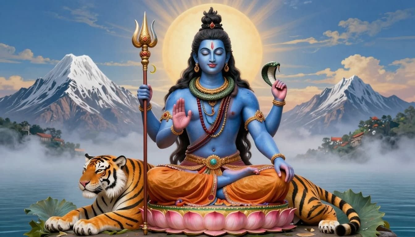 In traditional ancient Hindu art style, a portrait of Lord Shiva seated in lotus pose on tiger skin, with trishul nearby, snake coiled around neck, damru at side, and Mount Kailash background. Divine blue skin, intricate hair with Ganga and moon, conveying calm power in vibrant soothing colors.