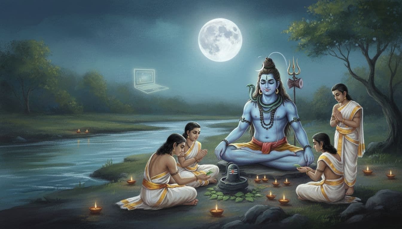 Serene South Indian pastel landscape painting of Lord Shiva in meditative pose under a full moon during Mahashivratri, with devotees offering bilva leaves, glowing lamps, tranquil river, and subtle laptop symbolizing work-devotion balance.