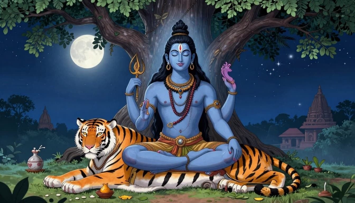 In ancient Hindu art style, Lord Shiva sits in deep meditation on a tiger skin under a banyan tree at night during Mahashivratri, surrounded by a serene full moon, starry sky, gentle blue aura, simple offerings like bilva leaves and milk, and distant temple silhouettes.