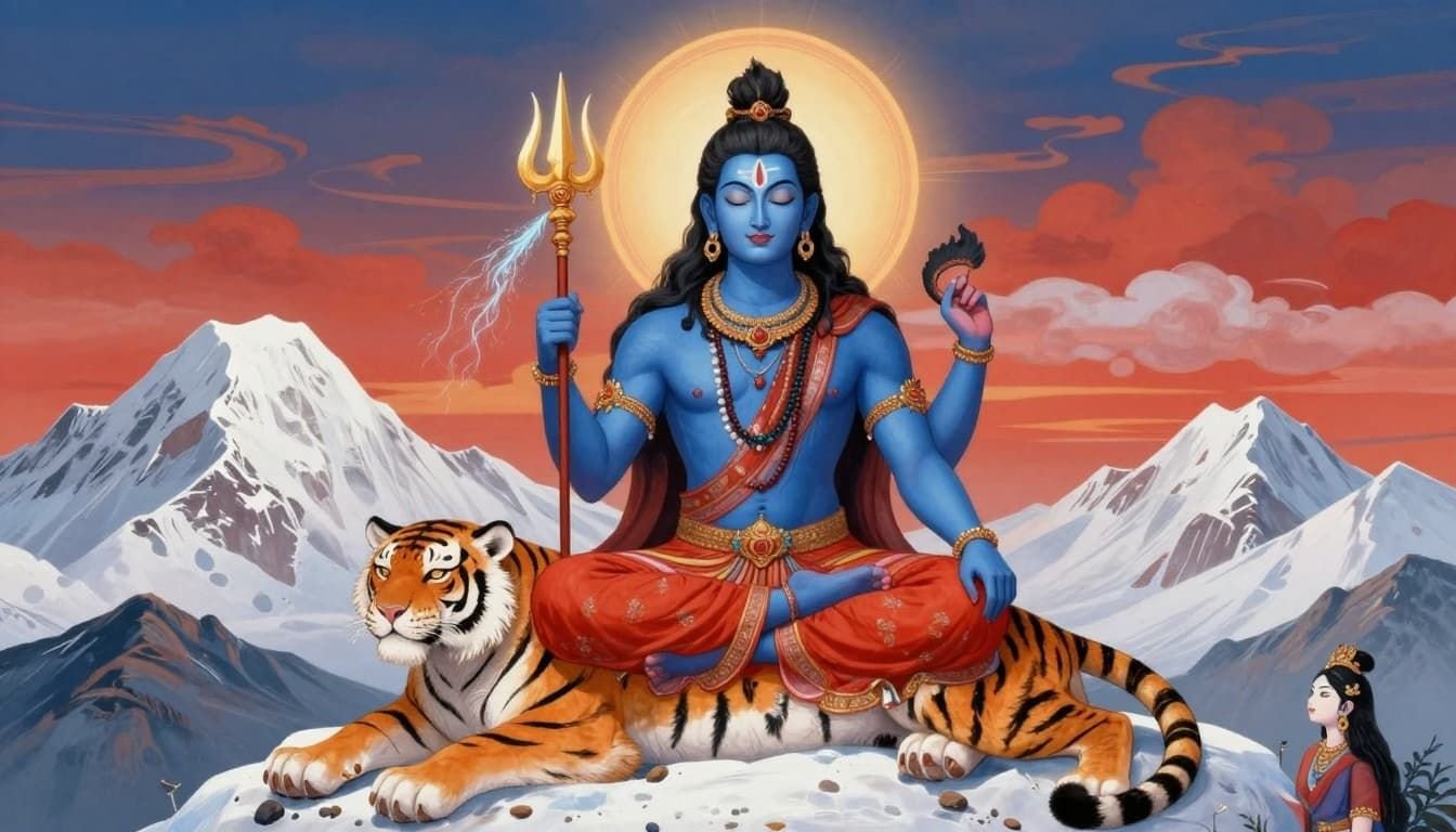 Landscape image styled as an ancient Hindu painting showing Lord Shiva seated on a tiger skin atop Mount Kailash's snowy summit, surrounded by a halo of light and peaceful clouds with Parvati nearby.