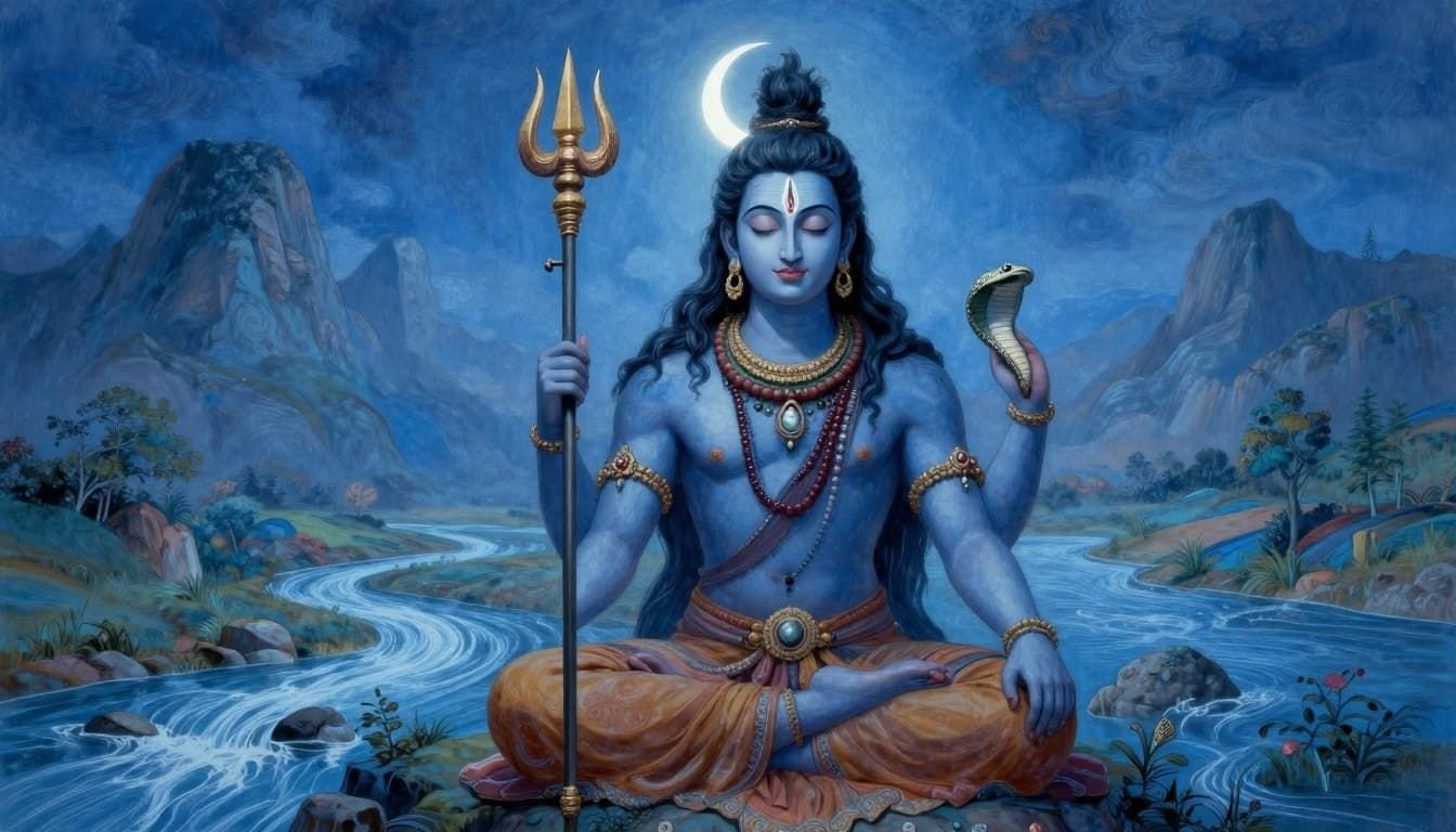 Ancient Hindu style landscape painting of Lord Shiva in meditation on Mount Kailash, with a glowing crescent moon in his matted hair, nearby rivers, serene blue tones, detailed brush strokes, and ethereal lighting.