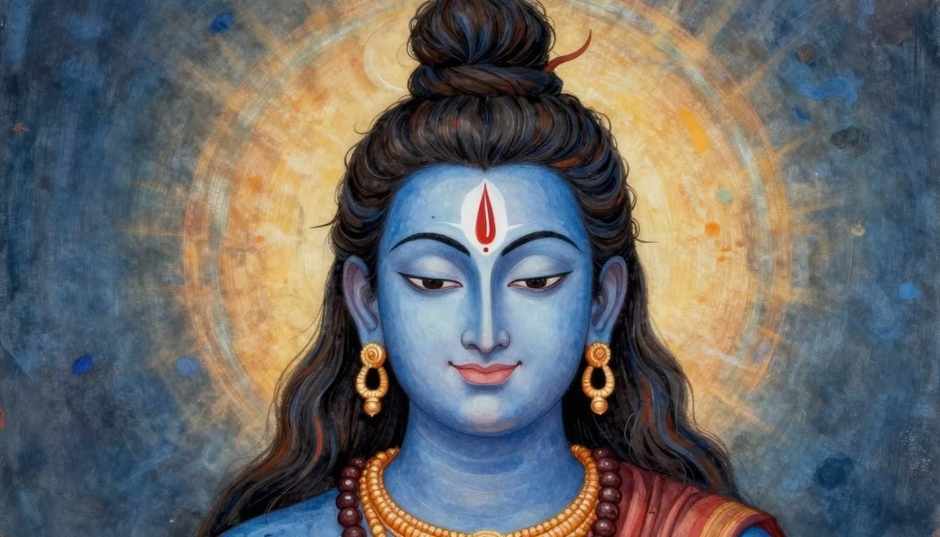 A serene portrait of Lord Shiva's face in ancient Hindu miniature painting style, featuring matted hair with crescent moon, third eye, blue skin tones, calm smile, rudraksha ornaments, and a peaceful meditative aura, perfect for kids' drawing tutorials.