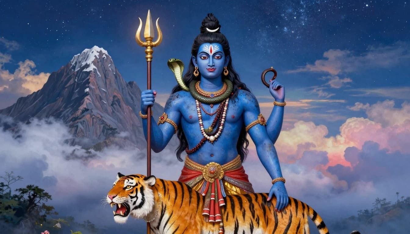 Ancient Hindu art style landscape of blue-skinned Lord Shiva gripping his trishul, with ash-smeared body, matted hair, and tiger skin, before majestic Kailash mountain under starry sky.