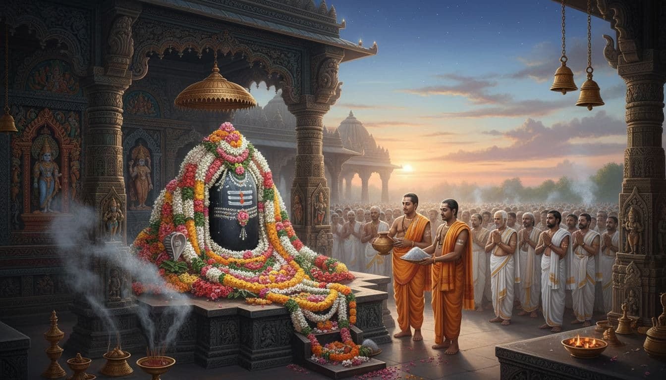 Mahakaleshwar temple at dawn in a South Indian painting style