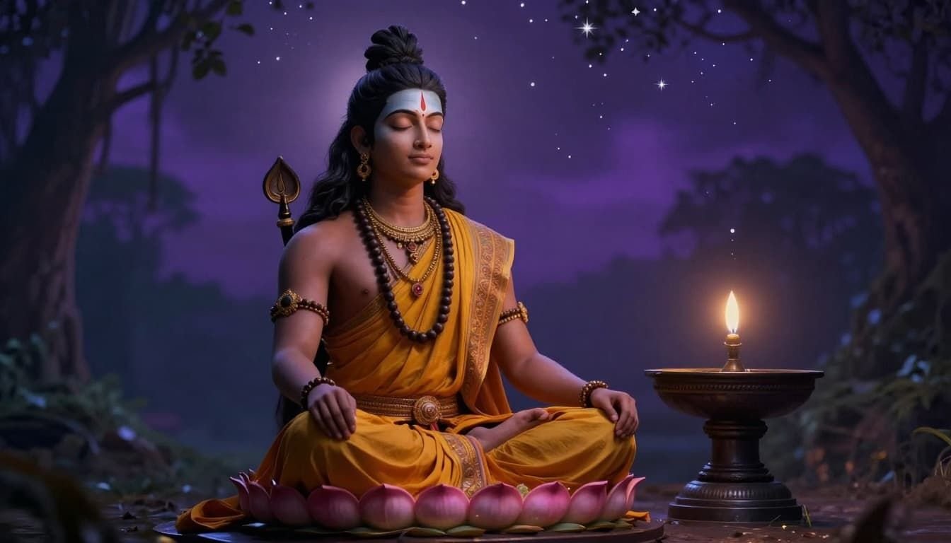 Landscape in ancient Hindu art style depicting a devotee in lotus posture during dhyana meditation under a starry night sky on Mahashivratri, with gentle moonlight illuminating the face, Shiva lingam nearby, and mystical forest background in soft purple and gold lighting.