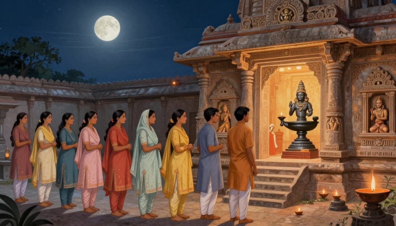 An intricate ancient Hindu art style painting depicts diverse devotees in traditional attire patiently queuing outside a grand Shiva temple during the Mahashivratri night vigil, bathed in soft moonlight with flickering oil lamps and starry sky.