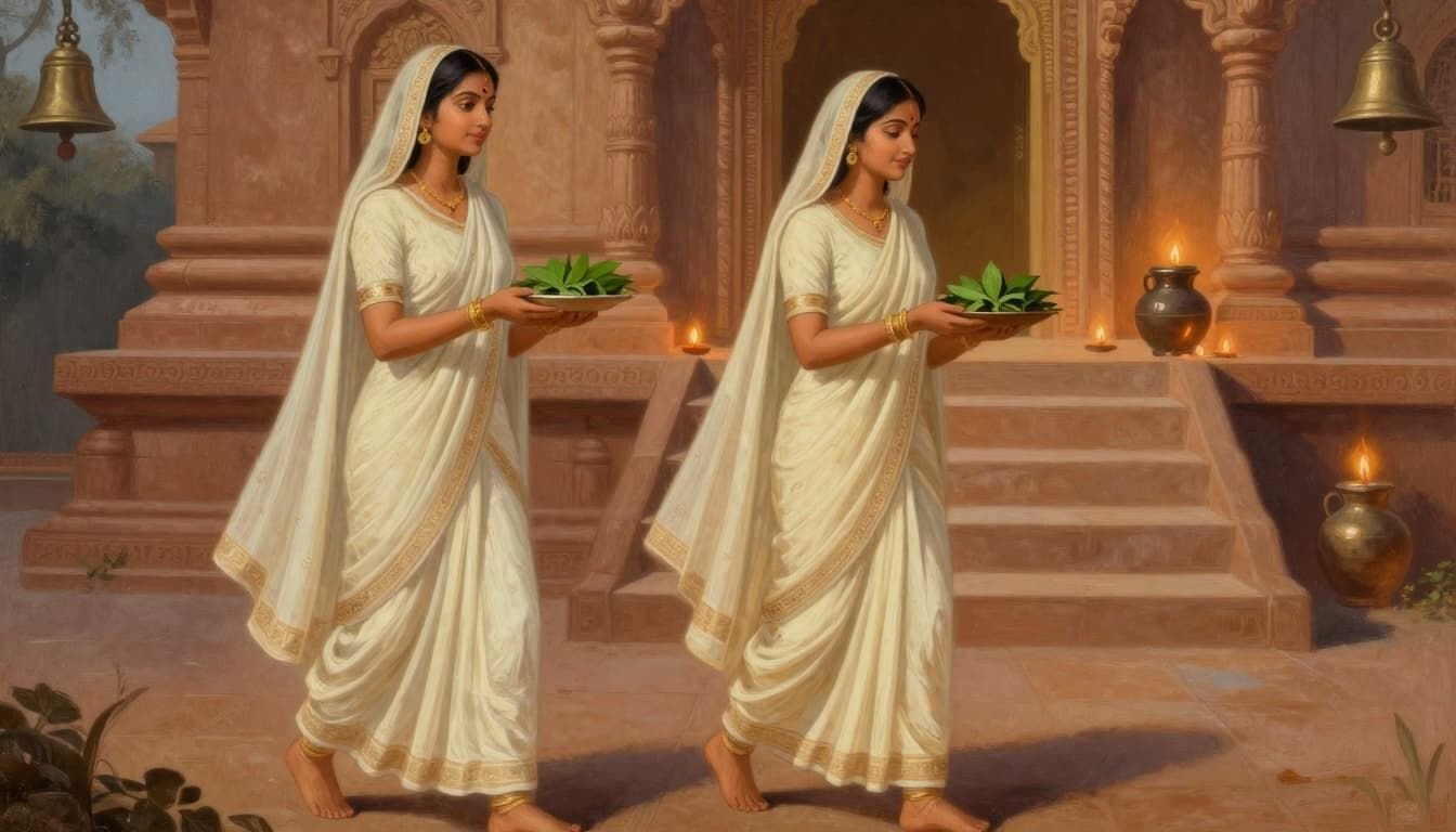 Ancient Hindu art style painting depicting two elegant women in flowing cream salwar kameez and cotton saree, carrying bilva leaves and milk pots towards a Shiva temple on Mahashivratri evening.