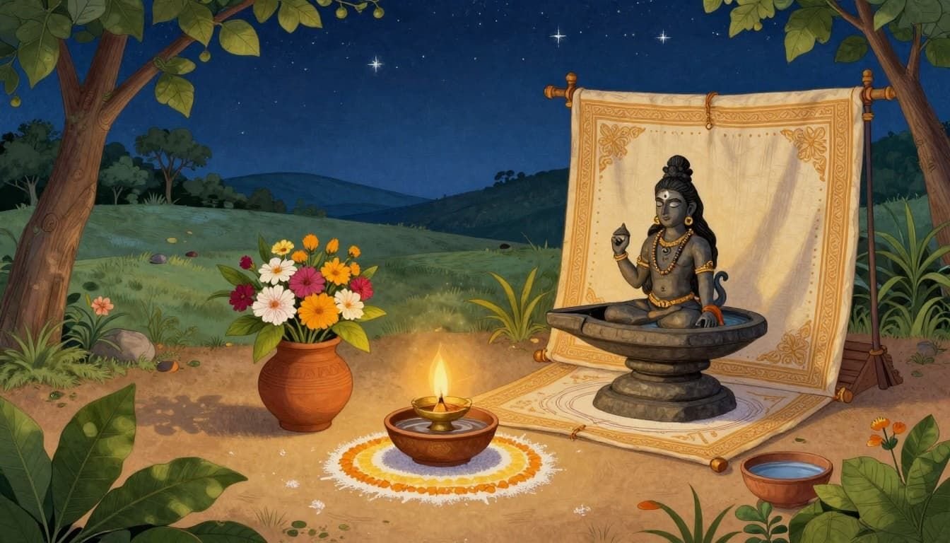 Serene ancient Hindu art style landscape of a simple eco-friendly home altar for Mahashivratri, featuring brass diya, Shiva lingam, fresh flowers, bel leaves, rangoli, and starry night sky.