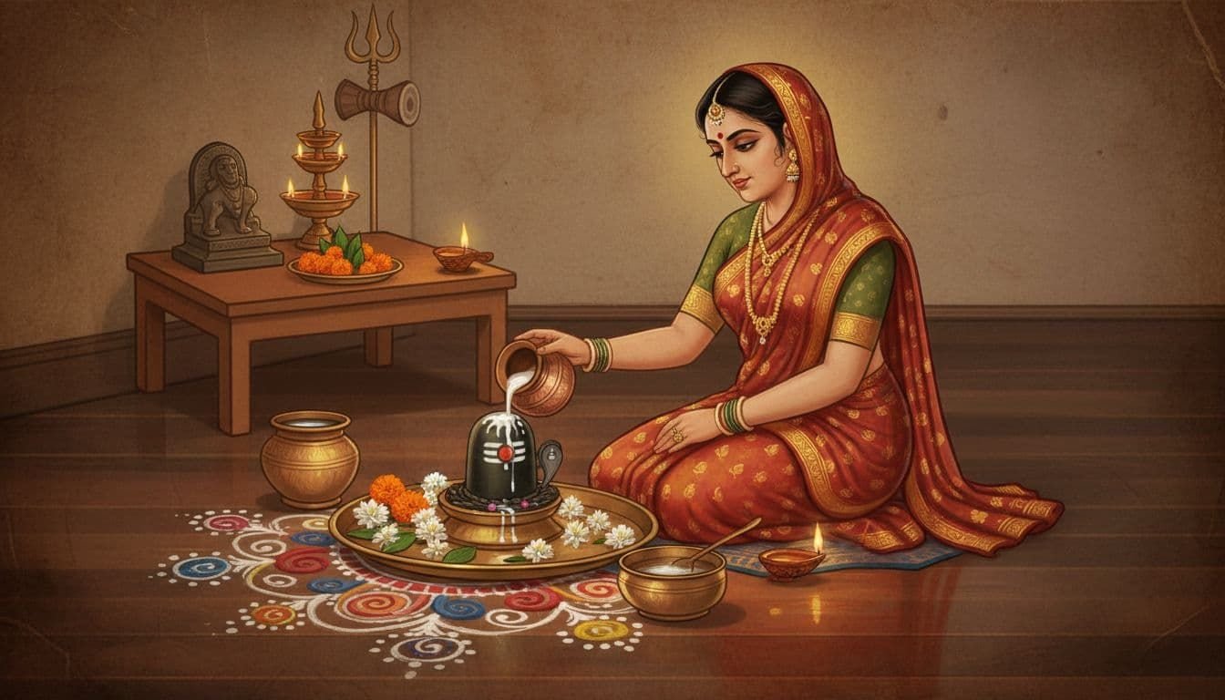 Ancient Hindu art style illustration of a devotee pouring milk from a copper pot over a Shiva lingam during home Abhishekam on Mahashivratri, with flowers, bilva leaves, diya light, rangoli, and serene spiritual atmosphere.