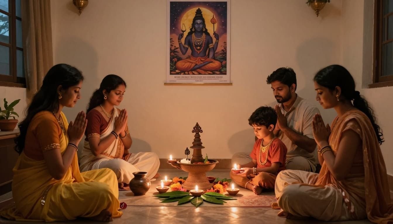 A cozy family performing home puja for Mahashivratri with a clay shivalinga altar, diyas, bilva leaves, and milk pot, rendered in ancient Hindu miniature painting style with earthy tones.