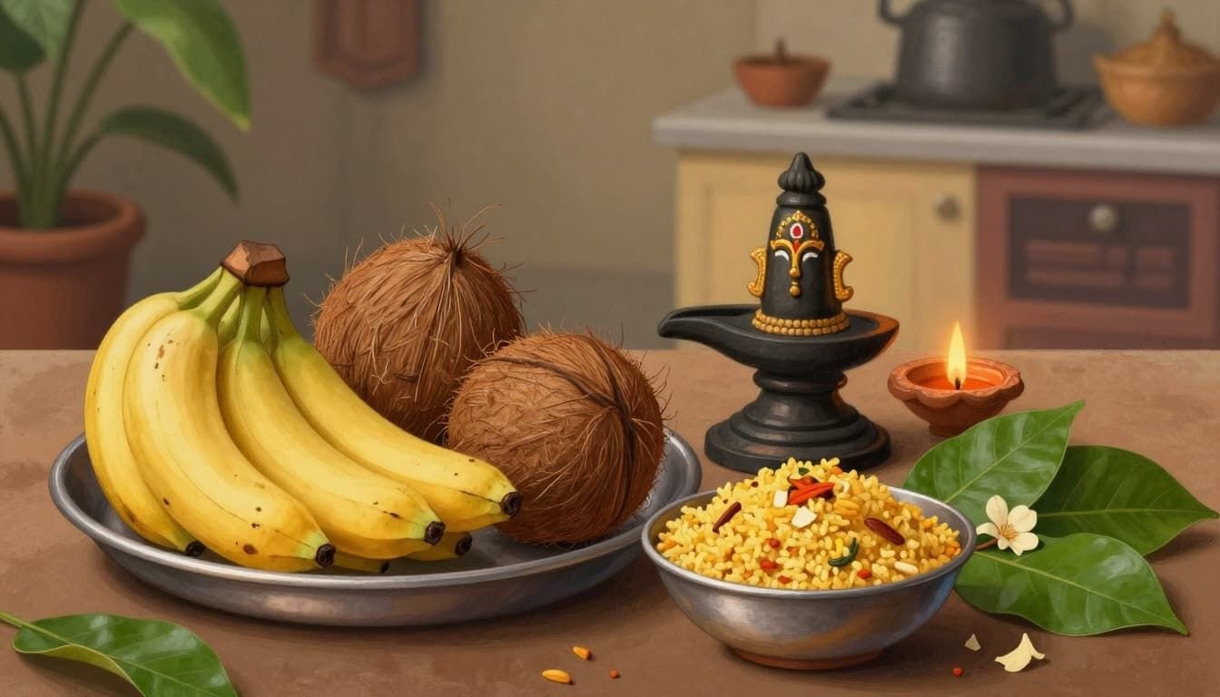 Landscape view in ancient Hindu art style of low-waste offerings for Mahashivratri puja, featuring unpackaged seasonal fruits on a steel plate, homemade sabudana khichdi, fresh bel leaves, minimal flowers, and a small Shiva lingam lit by a single diya in a modest home kitchen with earthy tones and devotional simplicity.