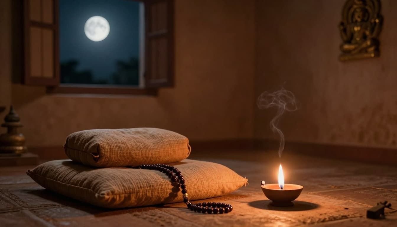 Landscape in ancient Hindu art style depicting a simple meditation setup for Mahashivratri with cushion on floor, dim oil lamp, Rudraksha beads, night sky with full moon through window, subtle incense smoke, and warm earthy tones.