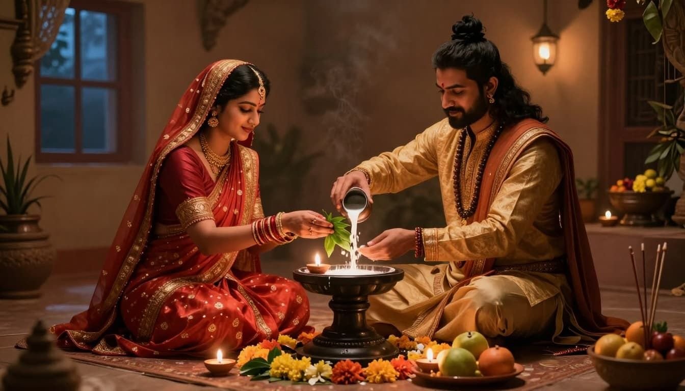 In ancient Hindu art style, a newlywed couple dressed in red and gold traditional attire performs puja to a Shiva lingam on Mahashivratri in a modest home. The wife offers bilva leaves, the husband pours milk, surrounded by glowing diyas, flowers, incense, and fruits on a wooden altar with warm earthy tones and serene divine light.