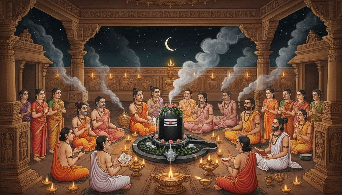 Ancient Hindu painting style depicting devotees performing abhishekam by pouring milk and water over the Shiva linga on Mahashivratri night at Grishneshwar temple, with priests chanting, flickering lamps, bilva leaves, incense smoke, and warm golden light in a starry night atmosphere.