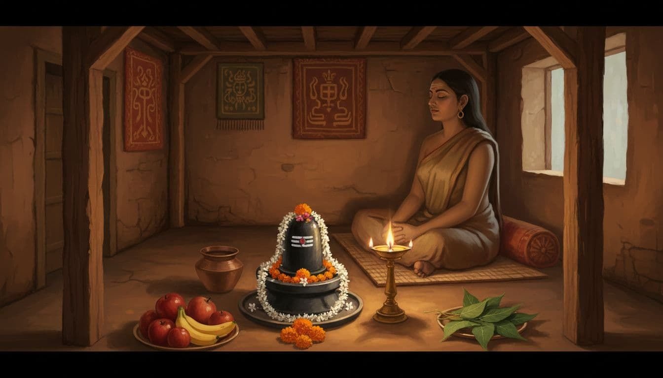 In traditional ancient Hindu art style, a simple home altar for Mahashivratri puja features a Shiva linga with flowers, lit oil lamp, fruits, and bilva leaves, with a devotee meditating in a cozy room.