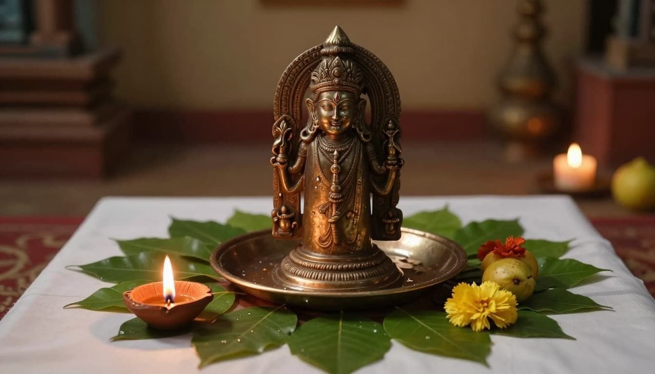 Landscape image in ancient Chola bronze sculpture style depicting a simple home puja setup for Mahashivratri, featuring a Shiva lingam with water droplets, bilva leaves, lit diya, flowers, fruits on a modest altar with soft candlelight and serene devotional atmosphere.