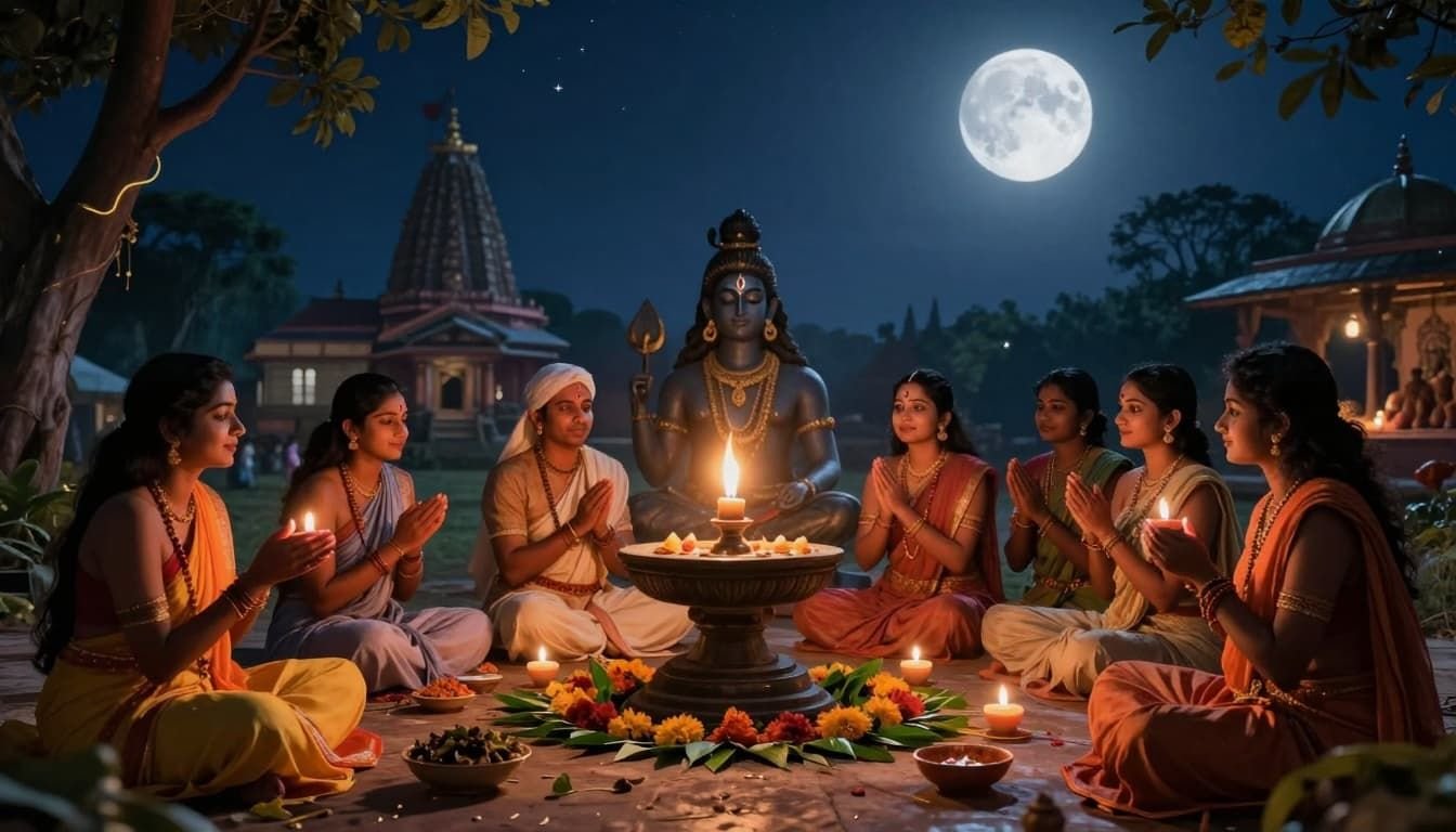 Ancient Hindu style landscape painting of a serene Mahashivratri night scene, devotees offering milk and bilva leaves to Shiva lingam under full moon, with candlelight and moonlight illuminating devoted faces, temple background.