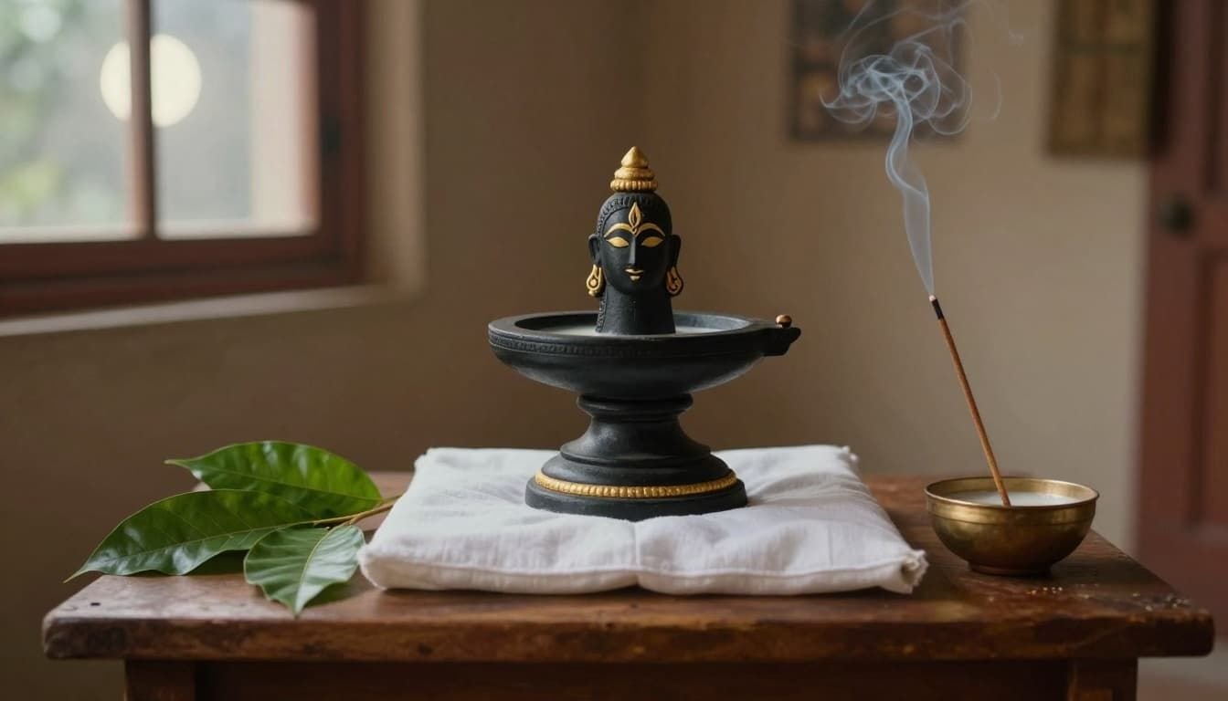 In ancient Hindu miniature painting style, a quiet home altar for Mahashivratri with a small Shiva lingam, bowl of milk, fresh bilva leaves, and smoking incense on a wooden shelf in a modest room under soft moonlight.