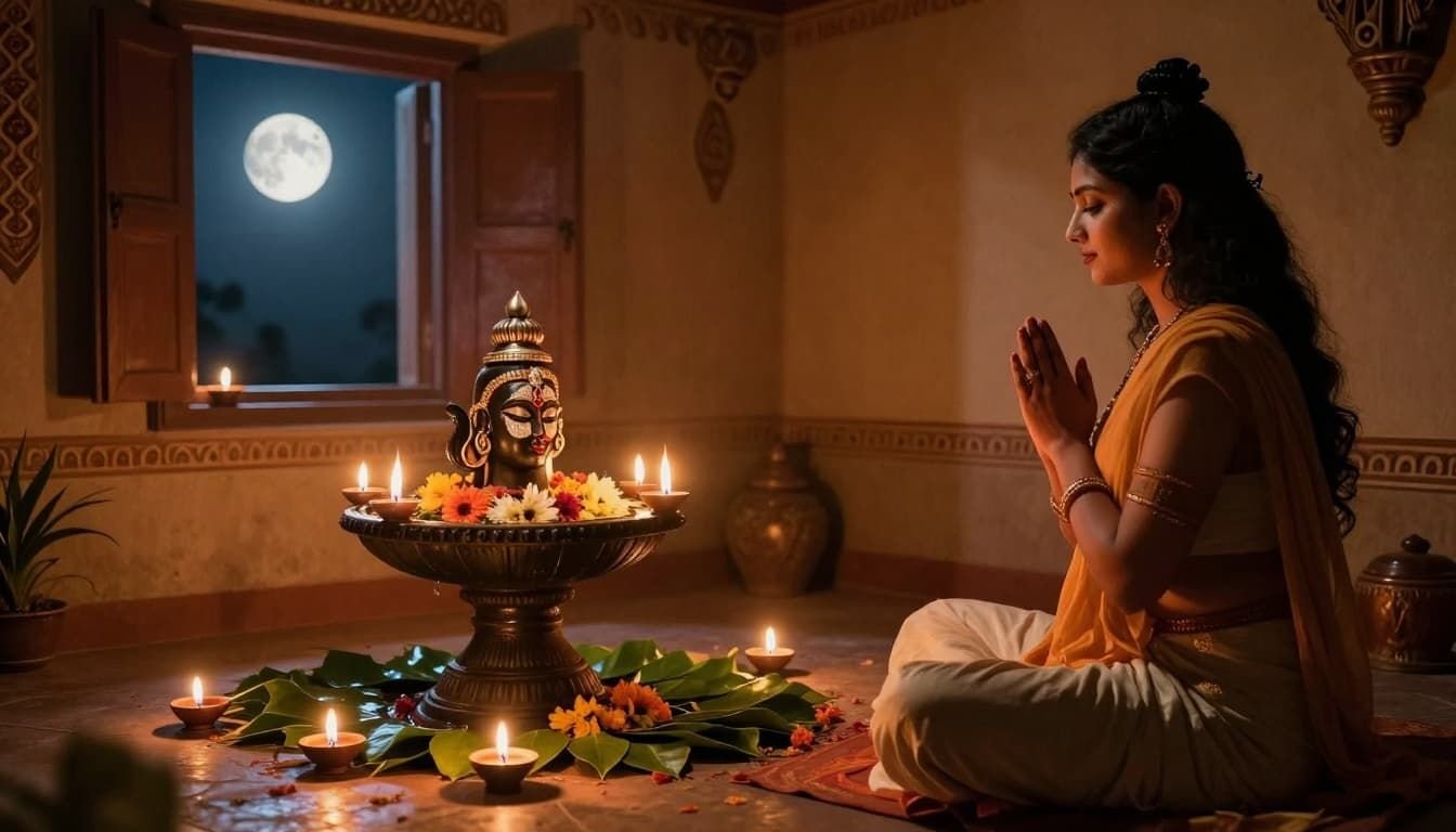 Landscape in ancient Hindu art style depicting a simple home altar on Mahashivratri night, lit by oil lamps and moonlight, with offerings to Shiva lingam and a person meditating in prayer amid a calm, devotional atmosphere.