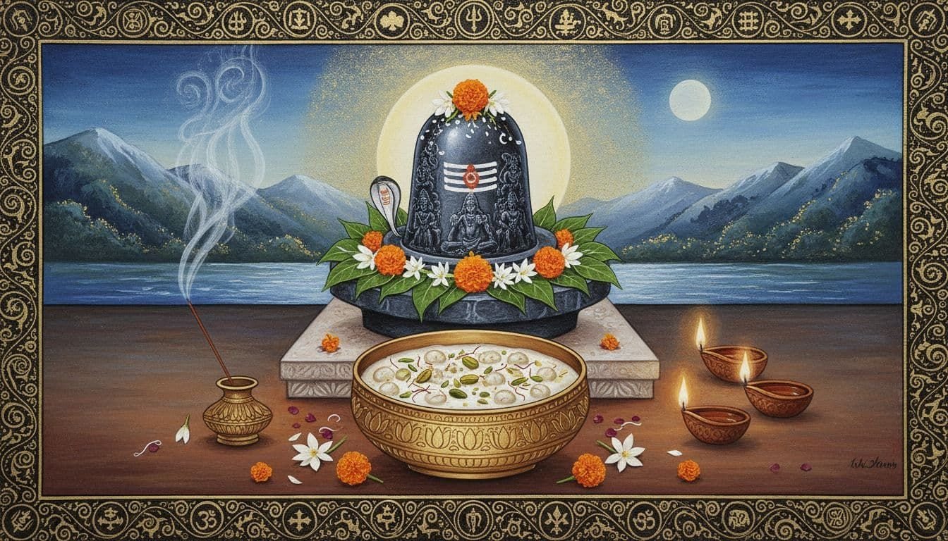 Ancient Hindu art style landscape painting of a simple home altar during Mahashivratri, featuring a Shiva lingam with bilva leaves, flowers, creamy makhana kheer prasad, incense smoke, and diya lamps in calm blue-gold hues.
