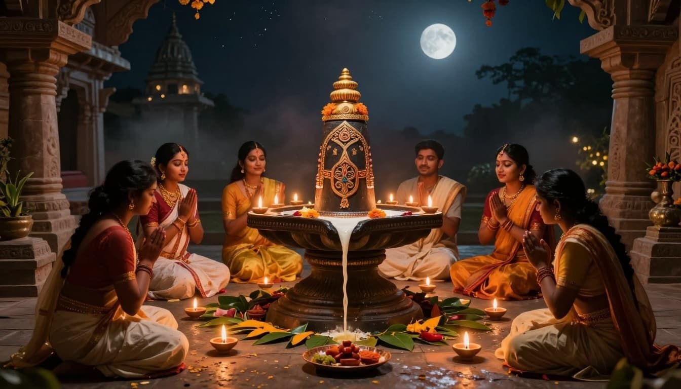 A serene ancient Hindu art painting shows devotees in traditional attire kneeling in prayer around a intricately patterned Shiva lingam during Mahashivratri night, with lit diyas, bilva leaves, milk pouring ritual, and a misty starry sky.
