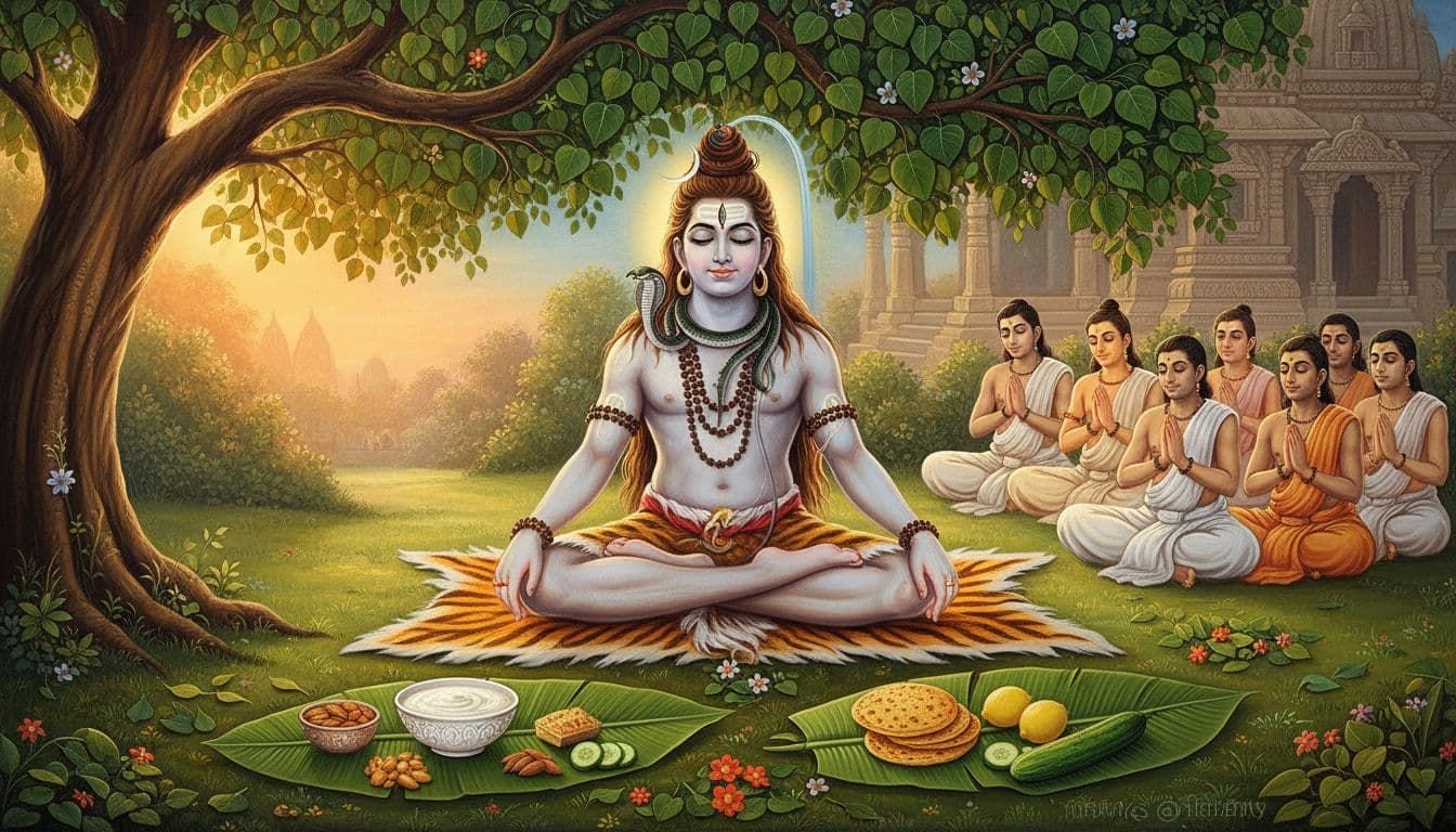 Ancient Hindu miniature painting of Lord Shiva meditating under a bilva tree surrounded by sattvic fasting foods during Mahashivratri, bathed in golden dawn light with devotees in the background.
