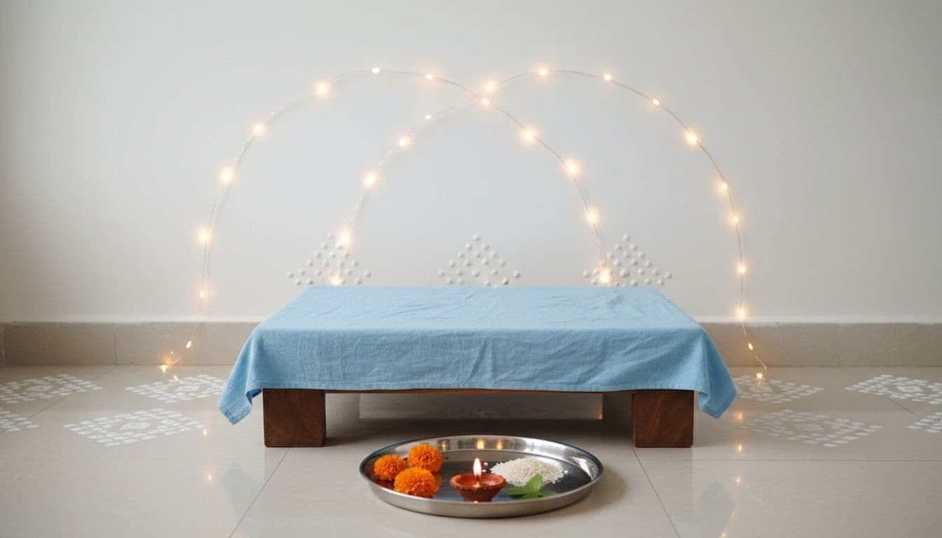 Neat base layout with cloth, lights, and thali