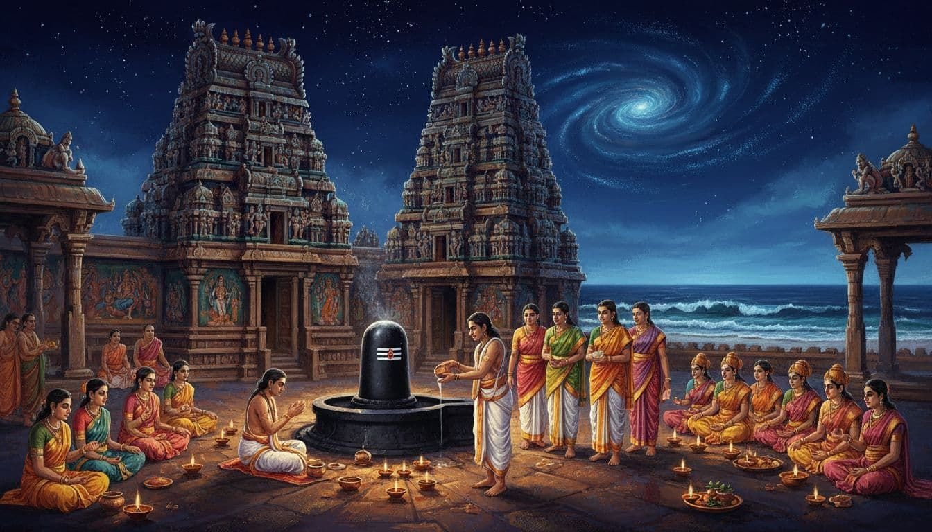 A serene ancient South Indian Shiva temple during Mahashivratri festival at night, featuring devotees gathered around a large lingam under a starry sky, flickering oil lamps creating a golden glow, silhouetted gopurams, and a priest performing abhishekam with distant ocean waves.