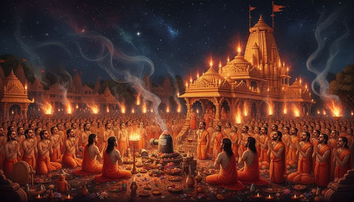 Vibrant night scene of Mahashivratri at Trimbakeshwar Jyotirlinga with thousands of devotees around the lamp-illuminated temple, priests performing rituals, and ancient Hindu art style.