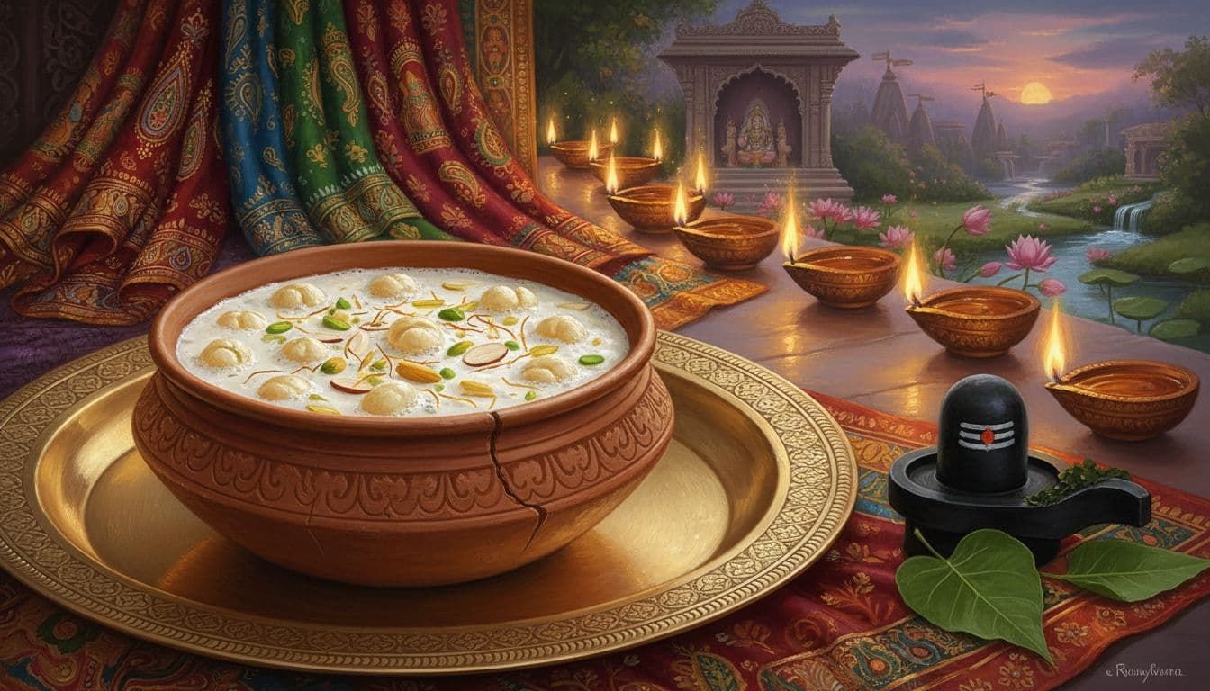 Landscape painting in ancient Hindu art style featuring a clay bowl of creamy makhana kheer garnished with saffron, almonds, and pistachios on a brass thali next to a Shiva lingam, with soft oil lamp lighting and intricate patterns evoking a devotional mood.