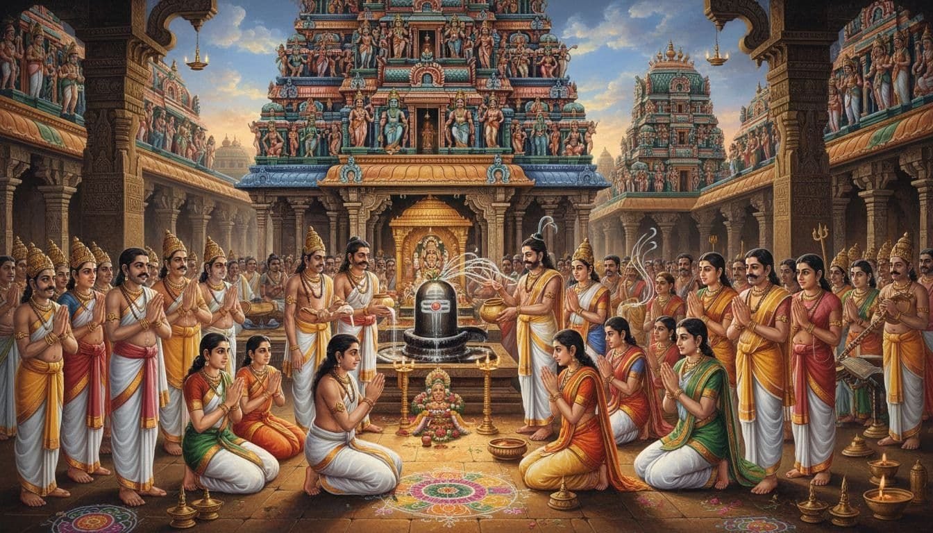 Vibrant scene of Meenakshi Temple in Madurai during Mahashivratri, with towering gopurams, Shiva Sundareswarar lingam abhishekam using milk and honey, devotees praying, nadaswaram music, rangoli, and night lamps, styled as ancient South Indian Hindu paintings.