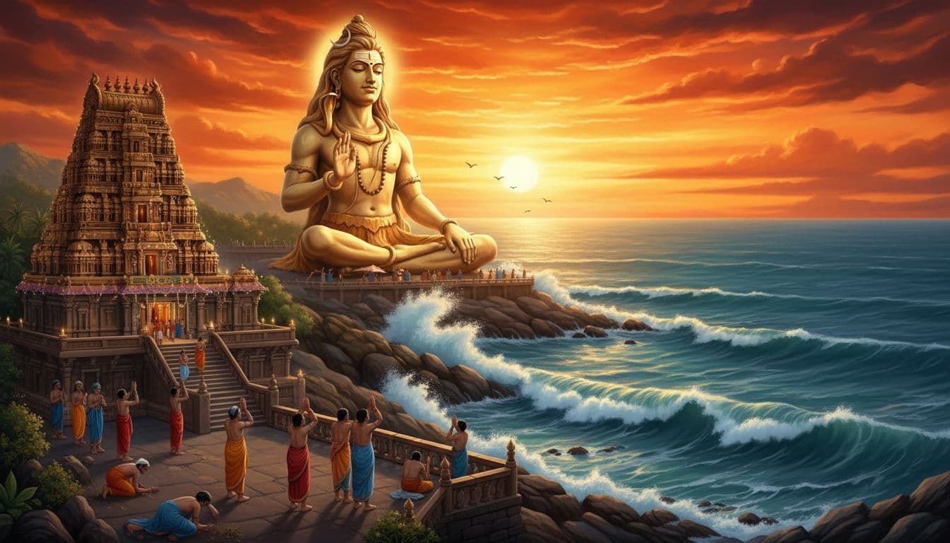 Enormous 123-foot Shiva statue at Murudeshwar Temple in Karnataka overlooks the Arabian Sea at sunset during Mahashivratri, with crashing waves, lit temple gopuram, and pilgrims in prayer amid seagulls and vast horizon in ancient South Indian Hindu painting style.