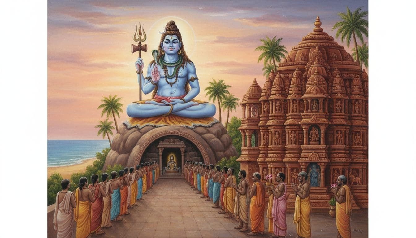 Ancient Hindu art style painting depicting the Nageshwar Jyotirlinga temple near Dwarka, Gujarat, with Lord Shiva's meditating statue, underground cave entrance, devotees queuing for darshan in early morning light, coastal landscape with palm trees and sea.