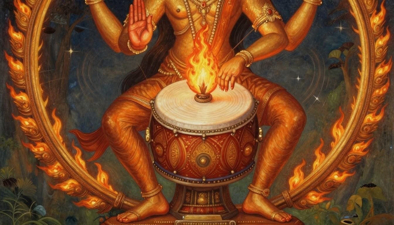 Close view of Nataraja’s hands holding a drum and flame, with a blessing gesture